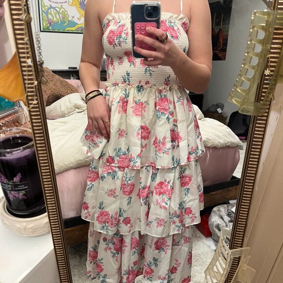 LoveShackFancy Midi Floral Tiered Dress XXS White Pink - Picture 2 of 5